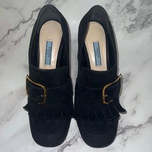 Prada Suede Buckle Fringe Block Heels